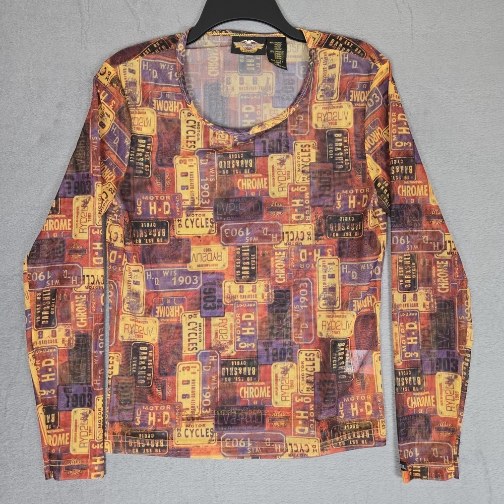 Harley Davidson Shirt Womens Medium License Plate Print Mesh Long Sleeve Sheer